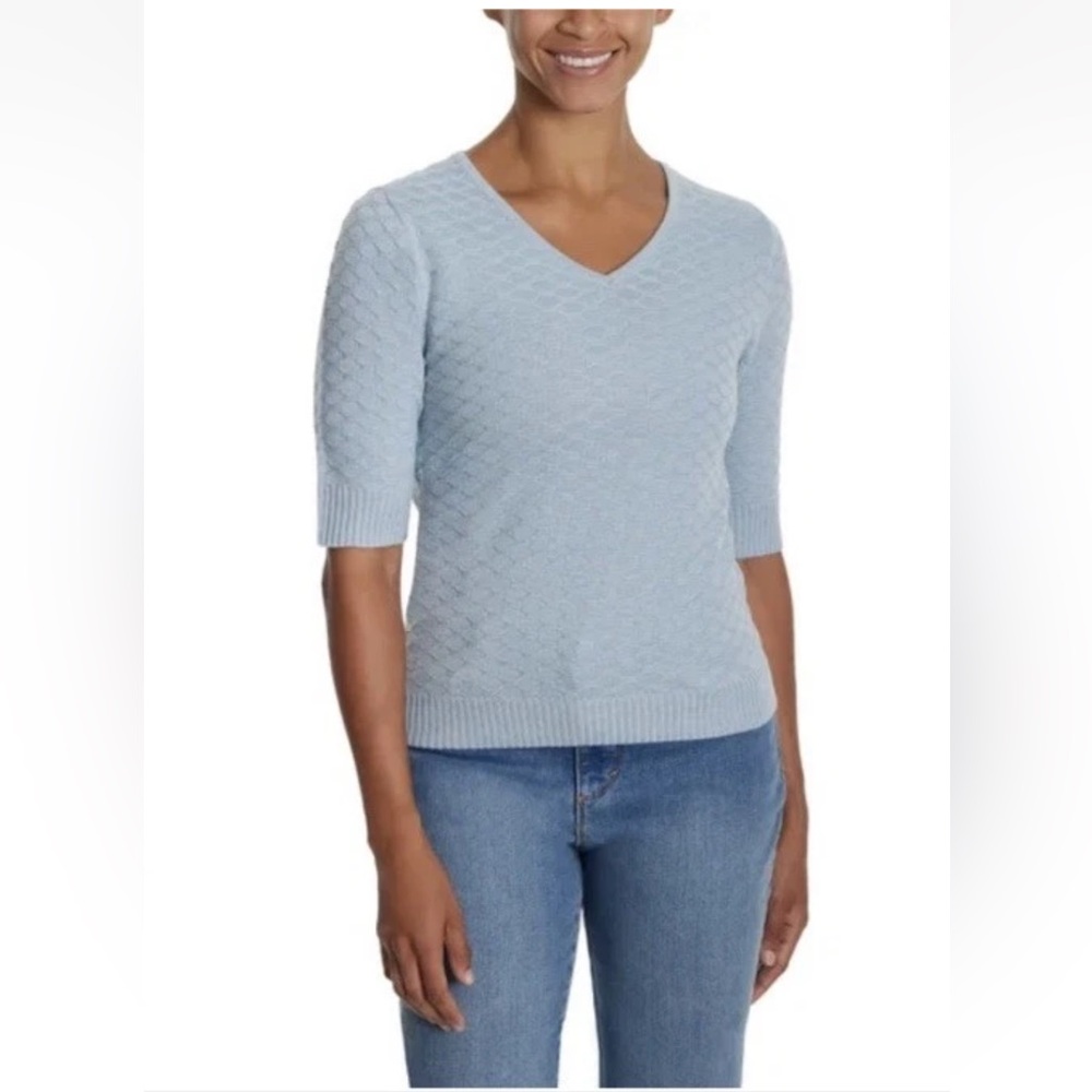 Ella Moss Light Blue Textured V-Neck Blouse
